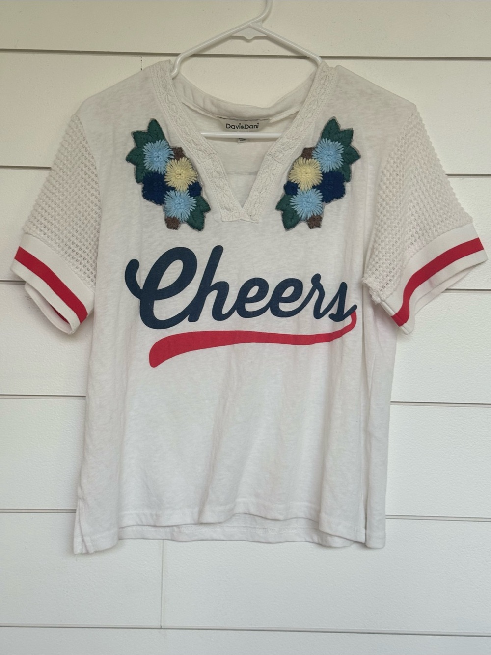 Cheers Graphic Tee with Floral Applique